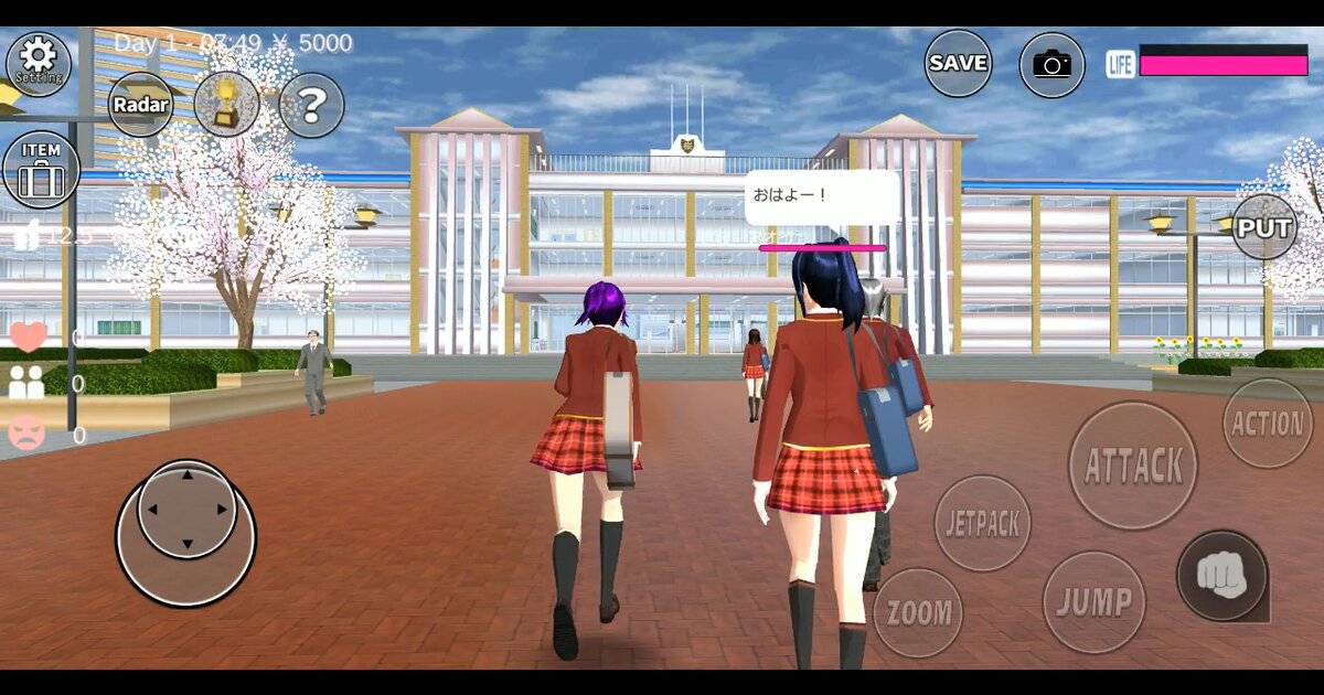 Tampilan sekolah Sakura High School di game Sakura School Simulator dengan karakter berseragam
