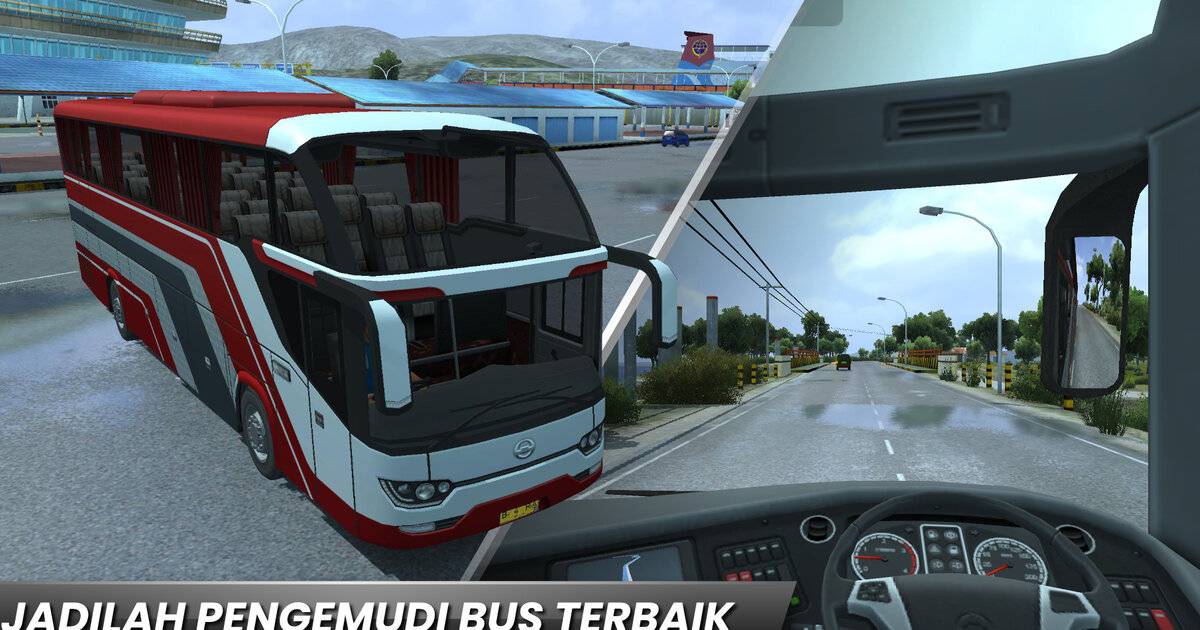 Tampilan bus merah putih dan kabin pengemudi di game Bus Simulator Indonesia