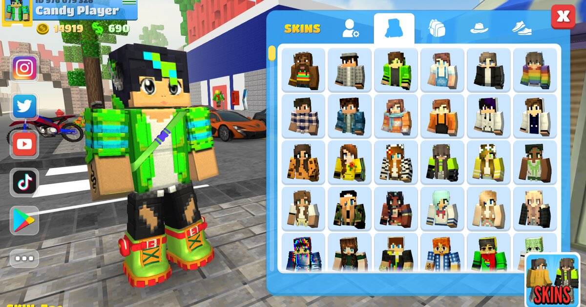 Tampilan menu skin dan karakter bergaya kubik di game School Party Craft