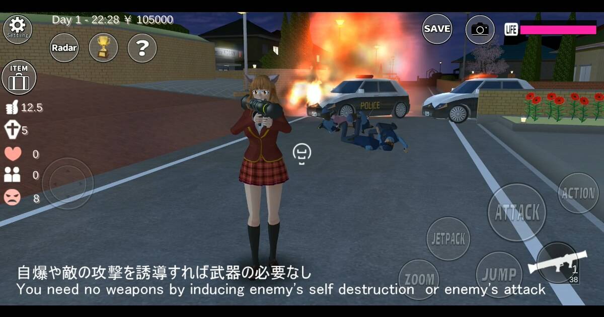 Gameplay Sakura School Simulator dengan karakter bertelinga kucing di tengah kekacauan kota