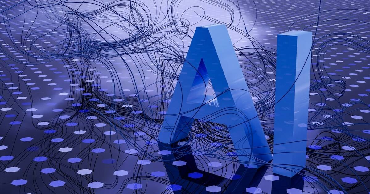 Ilustrasi kecerdasan buatan (AI) dengan huruf tiga dimensi di atas latar digital