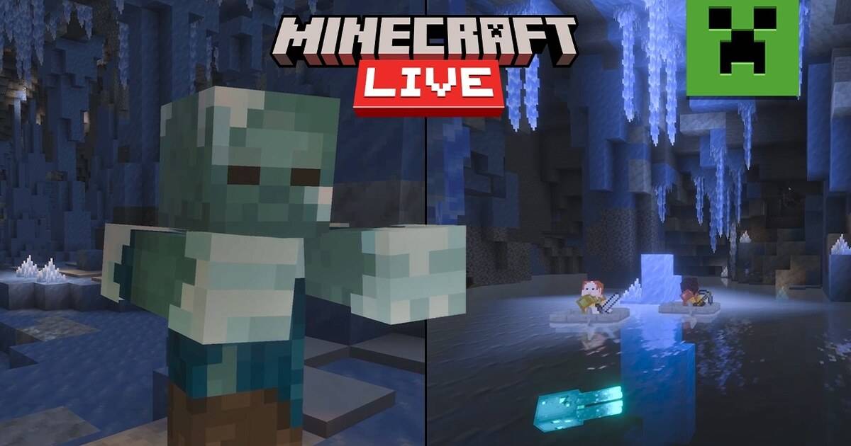 Suasana gua es di Minecraft dengan mob Frostbite dan icicle menggantung