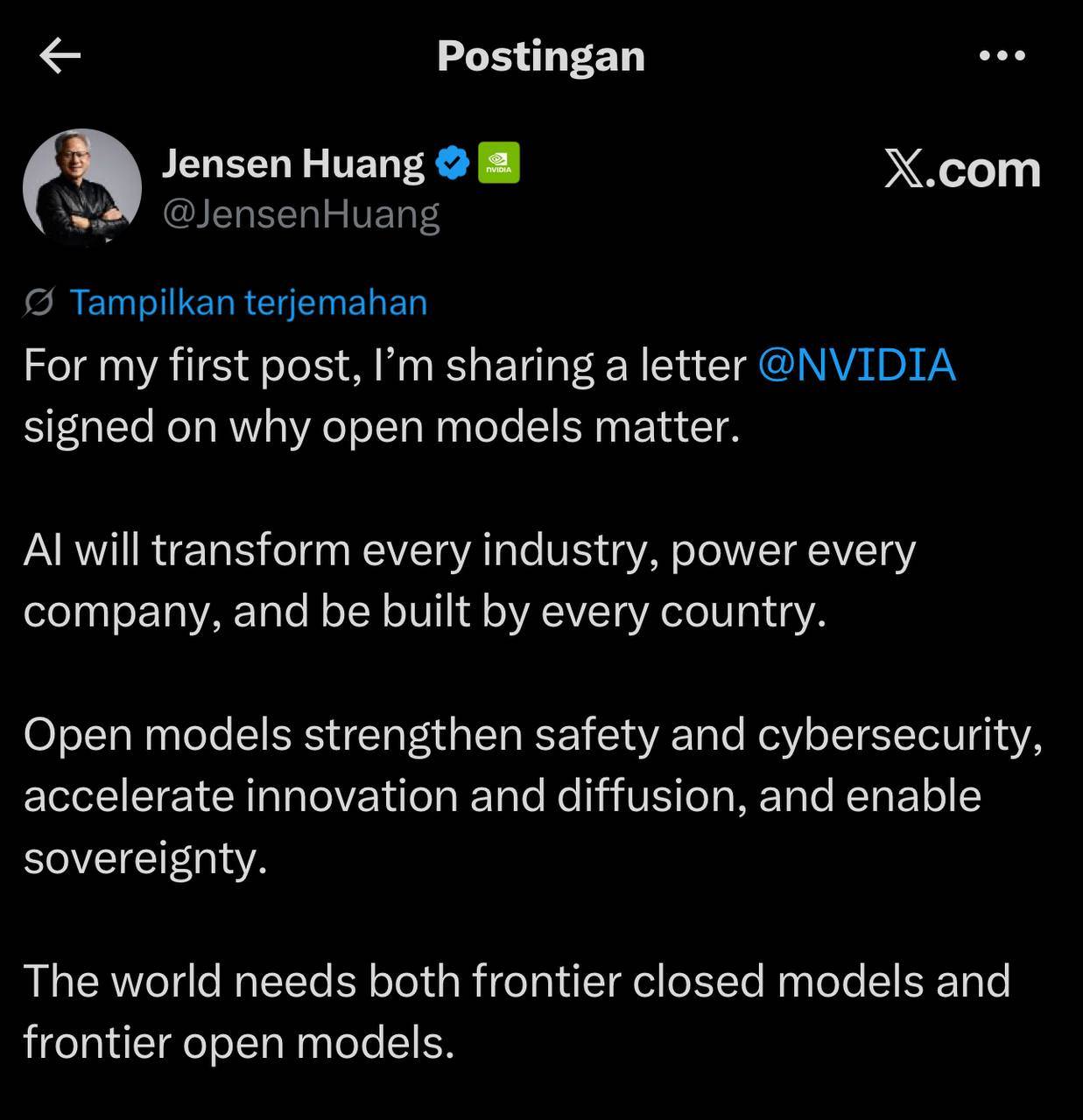 Jensen Huang Posting Pertama di X: Dukung Model AI Terbuka untuk Keamanan dan Inovasi