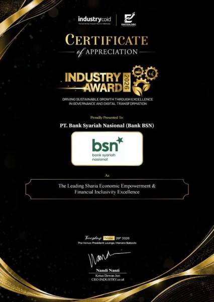 Kinerja Melesat, BSN Perkuat Bisnis Syariah dan Raih Pengakuan Industry Award 2026