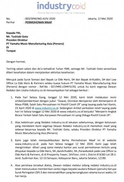 Permohonan Maaf Industry.co.id kepada PT. Yamaha Music Manufacturing Asia