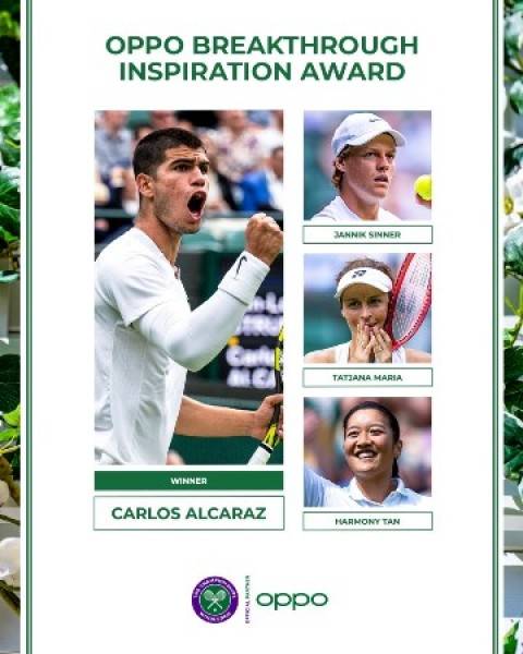 Carlos Alcaraz Raih OPPO Breakthrough Inspiration Award di Ajang Wimbledon 2022