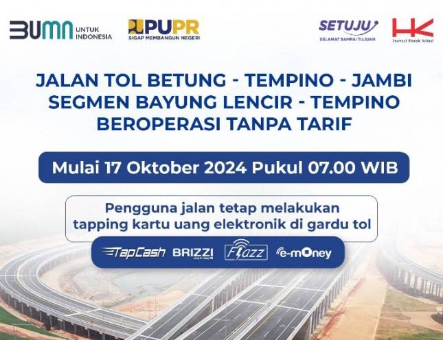 Kabar Baik! Esok Jalan Tol Betung - Tempino - Jambi Seksi 3 Mulai Beroperasi Tanpa Tarif 