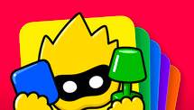 Maskot Picoboom dengan kartu Color Hunt dalam promo game tebak penipu