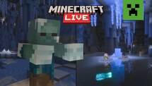 Suasana gua es di Minecraft dengan mob Frostbite dan icicle menggantung