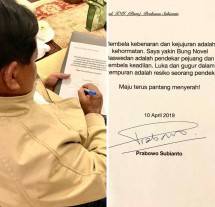 Surat Prabowo Subianto: Semangat Saya Selalu Untuk Bung Novel Baswedan