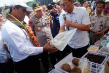 Mentan Amran Sulaiman sedang menyaksikan produk pertanian