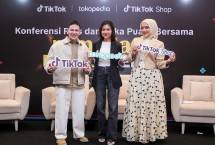 Jordi Onsu, artis dan affiliate (kiri), Nila Wulandari, founder Mukena Wisanggeni (tengah); dan Deby Lianti, founder Gwenza (kanan), berfoto bersama setelah menceritakan keseruan berbagi konten di TikTok serta pengalaman langsung mereka dalam membangun bisnis di Tokopedia dan TikTok Shop.
